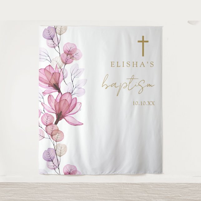 Tapiz Rosa Dusty Elegante Baptismo Floral Foto De Fondo (Anverso)