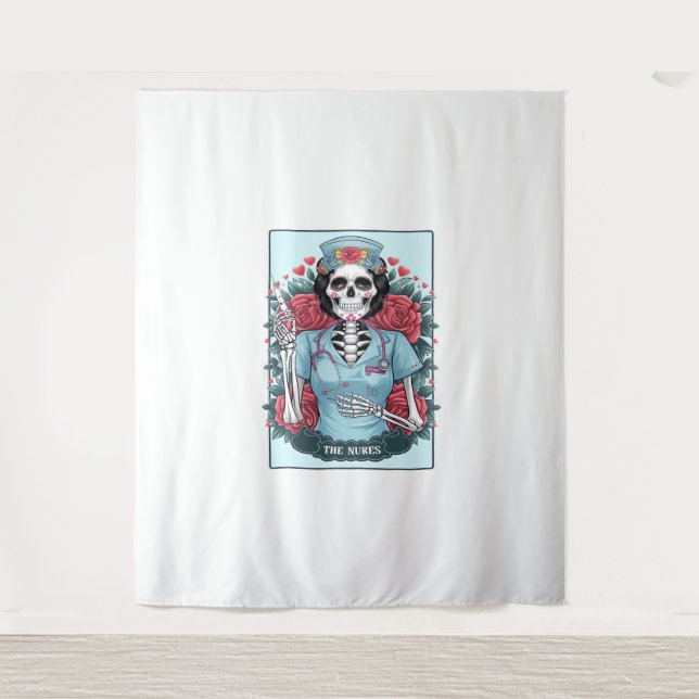 Tapiz Rosa floral Skeleton Enfermera Tarot Card Hallowee (Anverso)