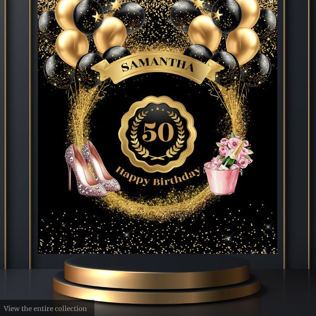 Tapiz Rosa Oro de tacones altos Globos negros 50 cumplea (Rose Gold High Heels Black Balloons 50th Birthday Tapestry)
