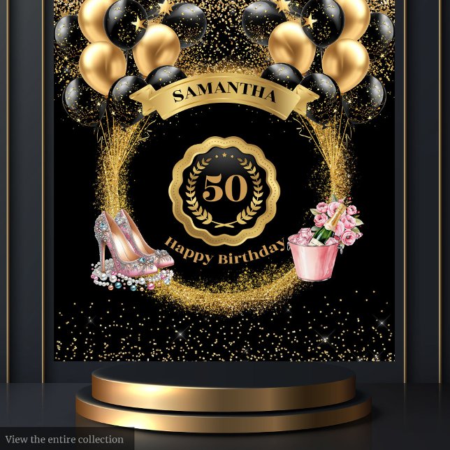 Tapiz Rosa Oro de tacones altos Globos negros 50 cumplea (Rose Gold High Heels Black Balloons 50th Birthday Tapestry)