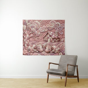 Tapiz Rosa Polvorienta Escena Pastoril de Parche Cosecha