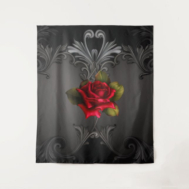 Tapiz Rosa Roja y Elegante Fondo Gótico Negro (Anverso)