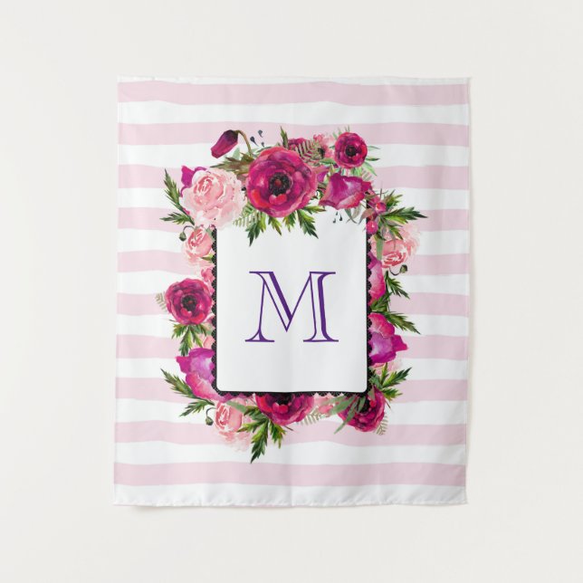 Tapiz Rosa rosa y amapola floral en franjas rosas (Anverso)