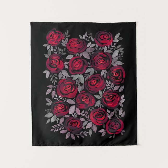 Tapiz Rosas acuarelas, rosas rojas sobre negro (Anverso)