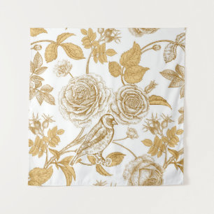 Tapiz Rosas dorados, flores, hojas y bayas de perro