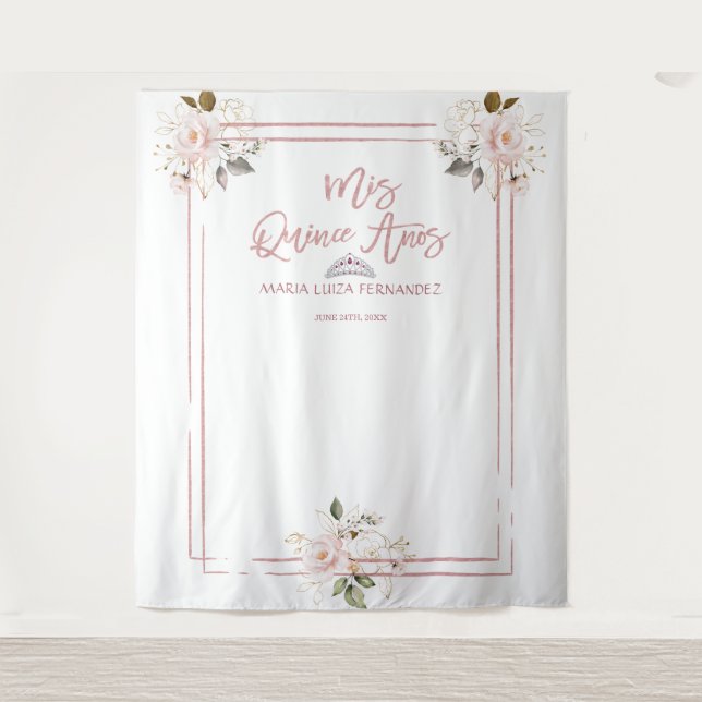 Tapiz Rosas Florales de Oro Rosado MIS QUINCE AÑOS (Anverso)