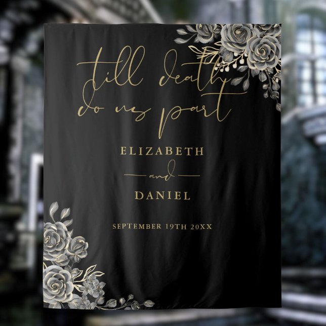 Tapiz Rosas góticas de oro negro Prop Floral para fotos  (Black Gold Goth Roses Floral Wedding Photo Prop Tapestry)