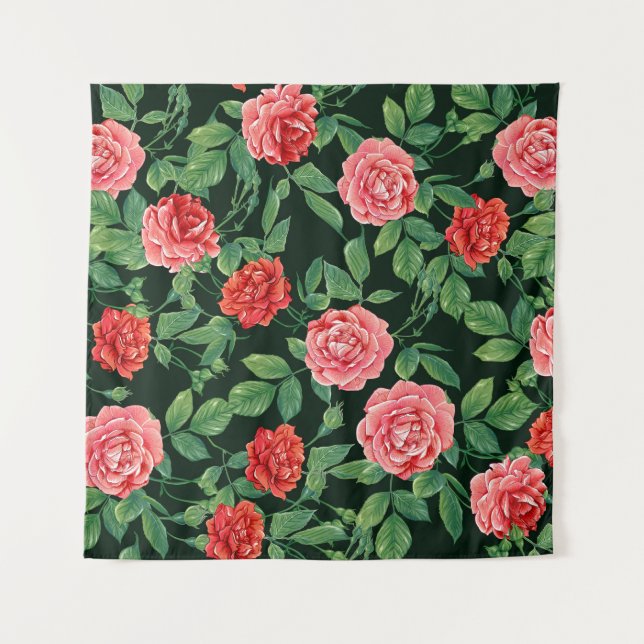Tapiz Rosas Rojas Antiguo Patrón Negro (Anverso)