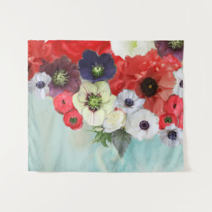 TAPIZ ROSAS ROJAS BLANCAS, FLORES DE ANÉMONA, AZUL AQUA 