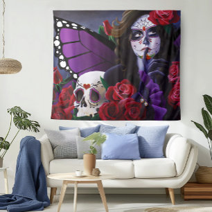 Tapiz Rosas Rojas Purpura Hada de la Calavera Día de Mue