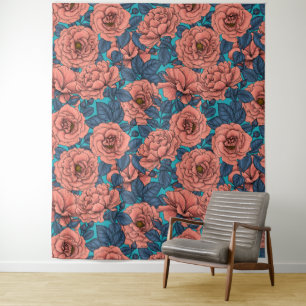 Tapiz Rosas rosas rosas con hojas azules en azul