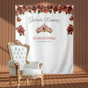 Tapiz Rosas Tiara Dorada Roja Fondo para Quinceañera