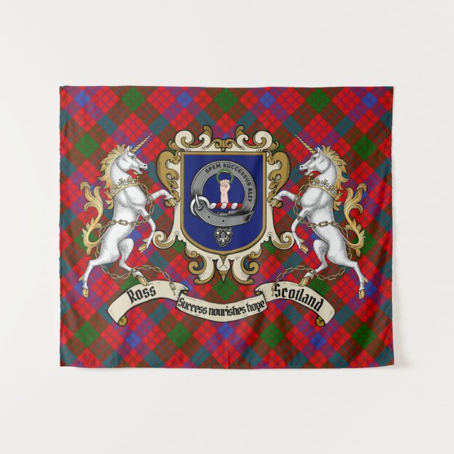 Tapiz Ross Clan Badge & Unicorns con Tartán (Anverso (horizontal))