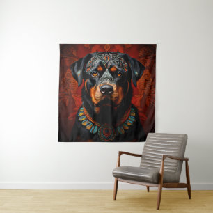 Tapiz Rottweiler ceremonial con atuendo de guerrero