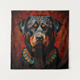 Tapiz Rottweiler ceremonial con atuendo de guerrero