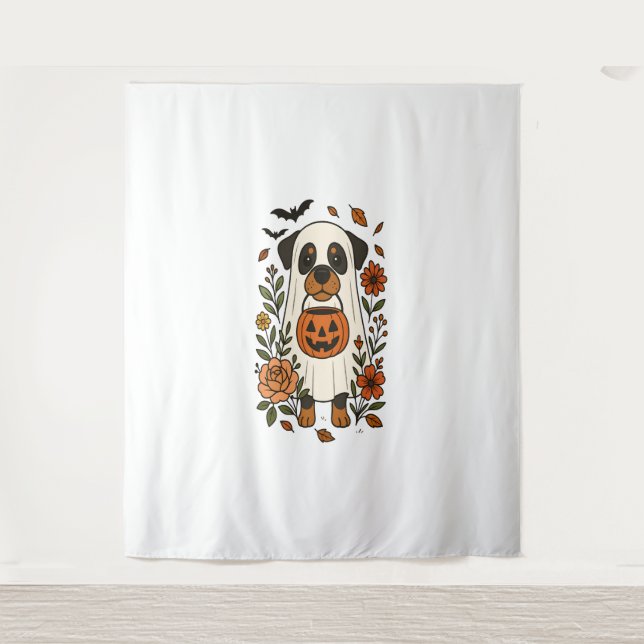 Tapiz Rottweiler de Halloween con flores (Anverso)