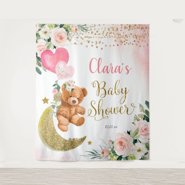 Tapiz Rótulo Baby Shower de globo de oso rosa (Anverso)