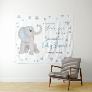 Tapiz Rótulo de fondo Baby Shower Blue Gray Elephant Boy
