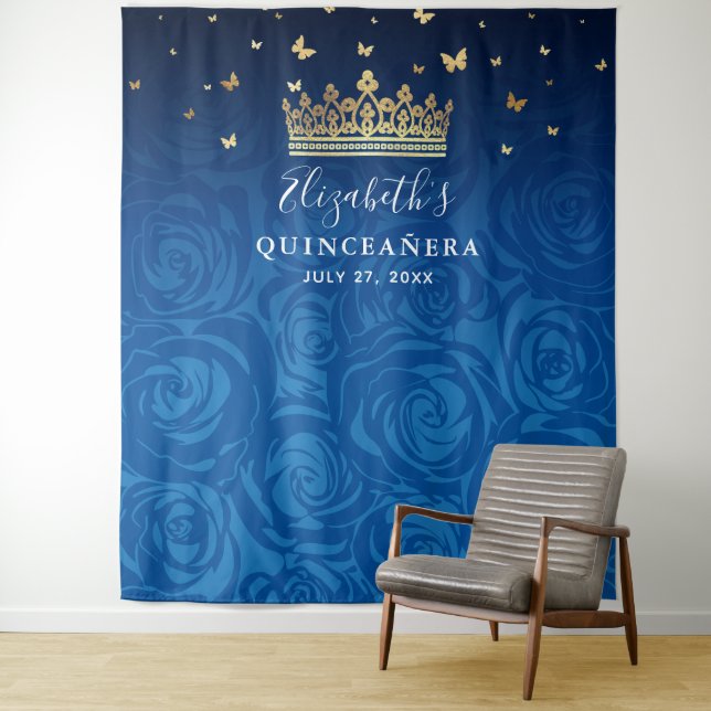 Tapiz Royal Blue Gold Black Floral Quinceanera Photo (In situ)