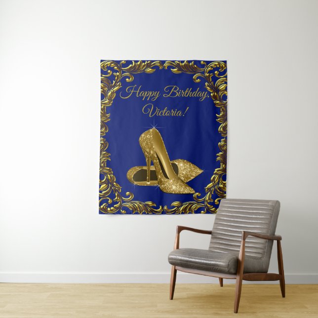 Tapiz Royal Blue Gold Shoe Birthday Party M Backdrop (In situ)
