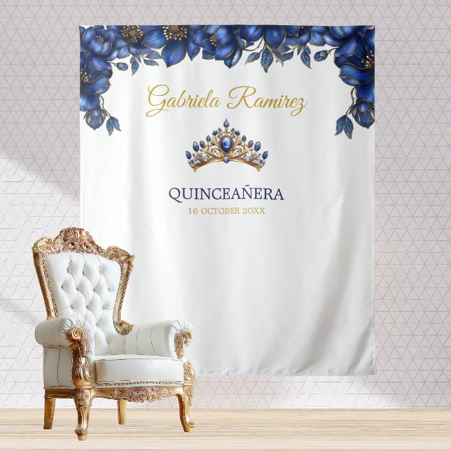 Tapiz Royal Blue Golden Floral Quinceañera Backdrop (Subido por el creador)