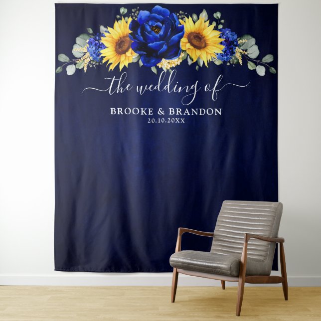 Tapiz Royal Blue Rustic Sunflower Boda moderno (In situ)