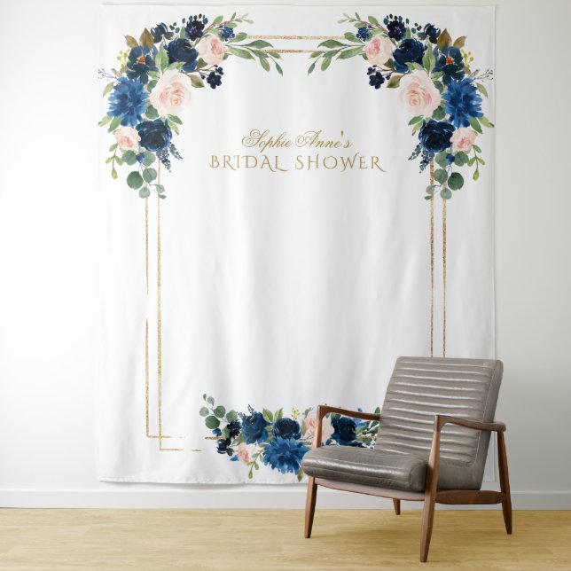 Tapiz Rubor Blue Floral Gold Bridal Shower Photo Booth (In situ)