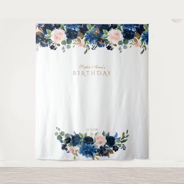Tapiz Rubor Blue Flowers Birthday Photo Booth Prop (Anverso)