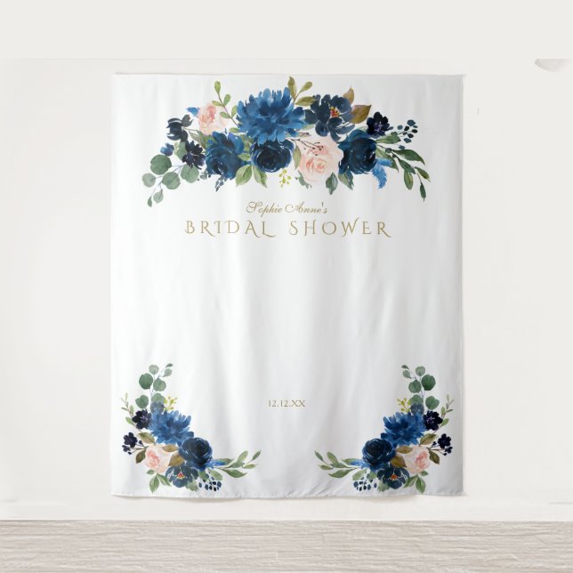 Tapiz Rubor Blue Flowers Bridal Shower Photo Booth Prop (Anverso)