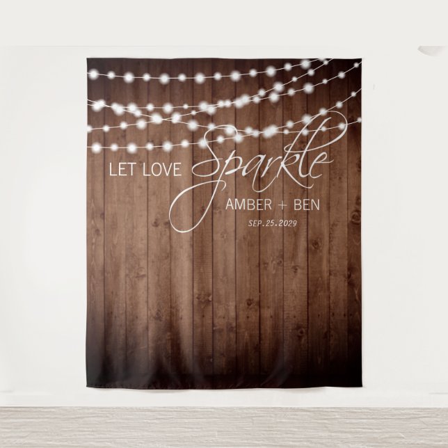 Tapiz Rustic Barnwood String ilumina la boda personaliza (Anverso)