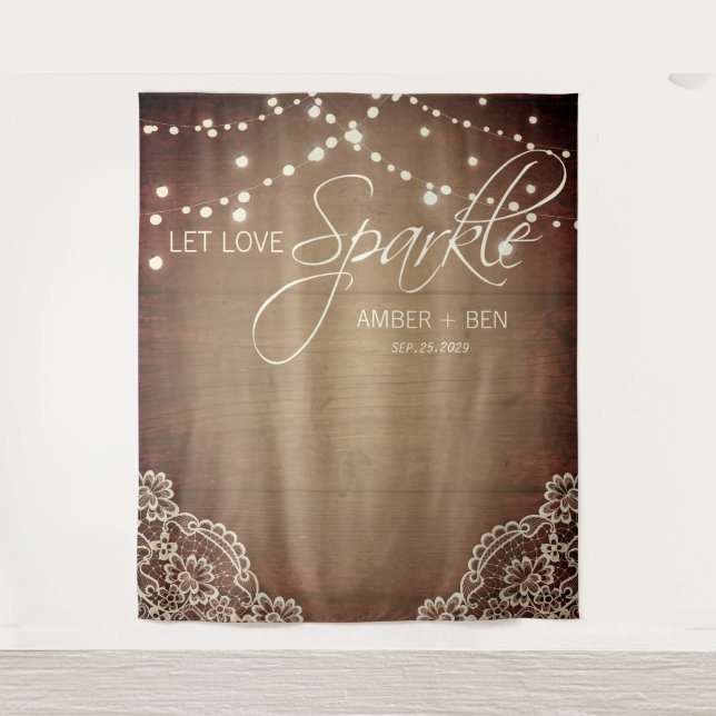 Tapiz Rustic Barnwood String Lights Lace Custom Wedding (Anverso)