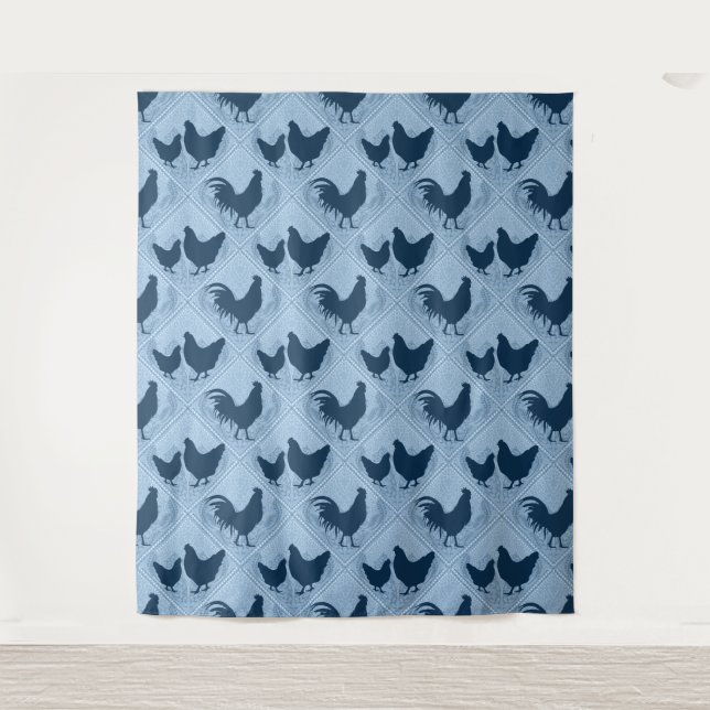 Tapiz Rustic Farmhouse Hen Pattern – In Blue  (Anverso)