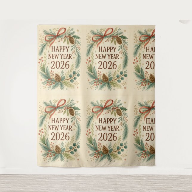 Tapiz rustic happy new year 2026 party backdrop (Anverso)