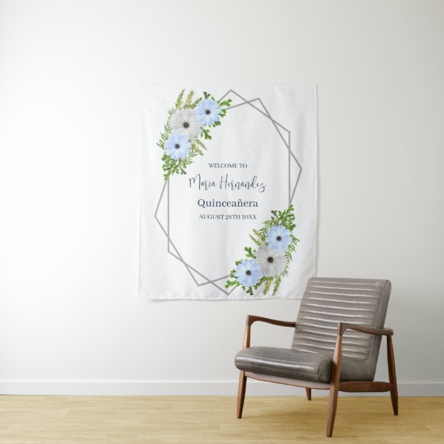 Tapiz Rustic Light Blue and White Floral Quinceañera  (In situ)