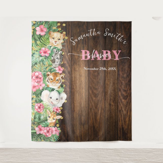 Tapiz Rustic Pink Wild Safari Animal Welcome Baby Shower (Anverso)