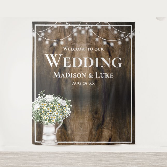 Tapiz Rustic Wood Texture Floral Lights Welcome Wedding (Anverso)