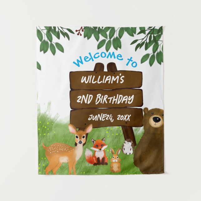 Tapiz Rustic Woodland Birthday Party Forest Animals (Anverso)