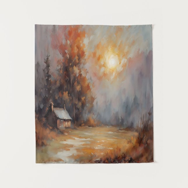 Tapiz Rústico Otoño Cabina Paisaje Caída Arte (Anverso)