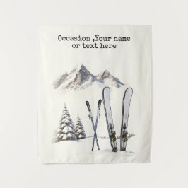 Tapiz Rústico Watercolor Ski Snow Tree Mountain Winter