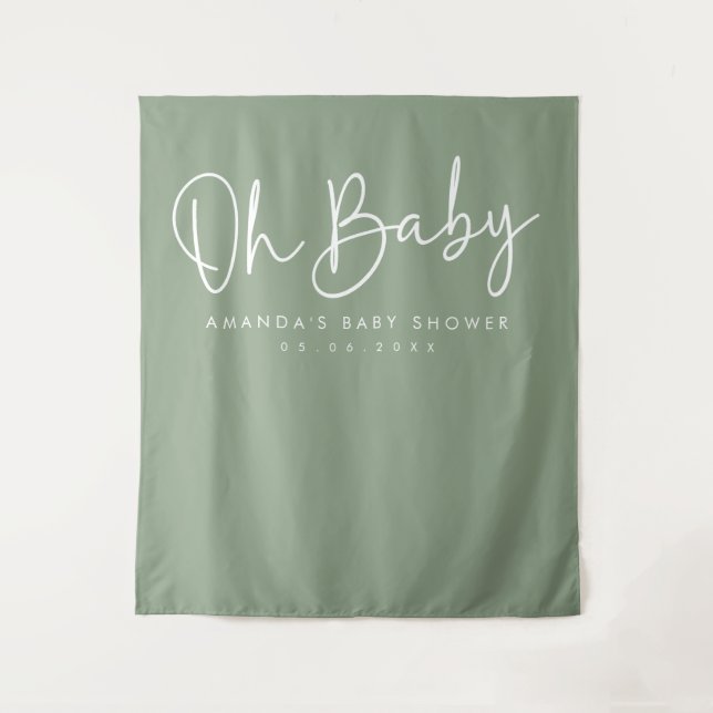 Tapiz Sage de escritura moderna Oh Baby Baby Shower Back (Anverso)