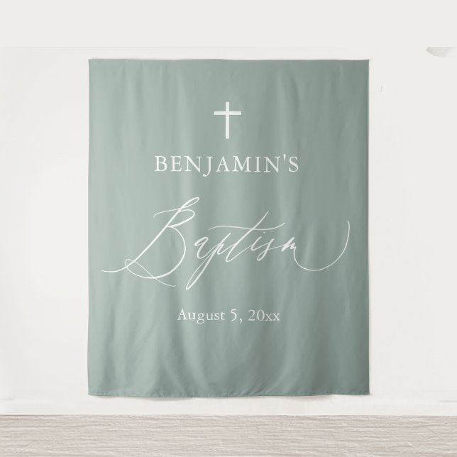 Tapiz Sage Green Cross White Cross Boy Baptism Photo Bac (Anverso)