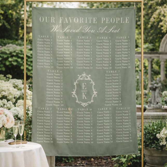 Tapiz Sage Green Fabric Wedding Seating Chart Banner (Subido por el creador)