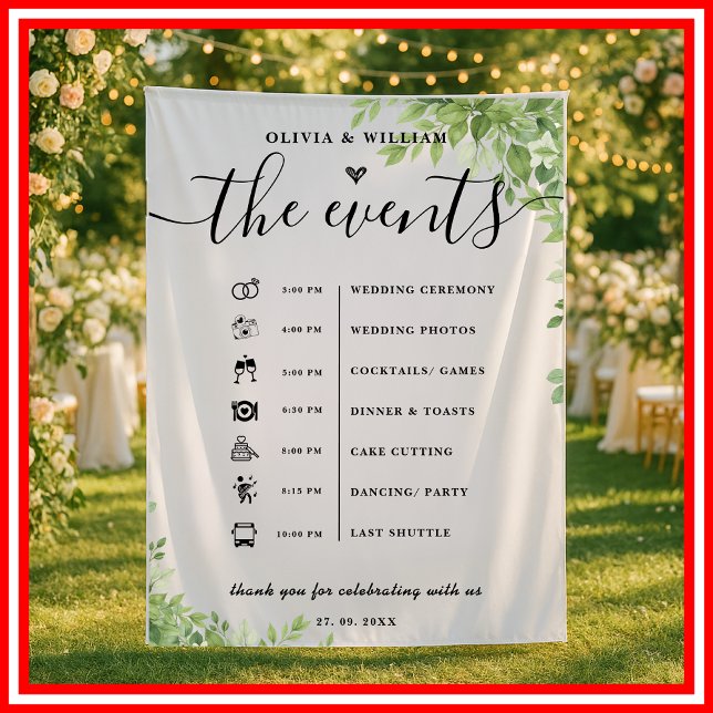 Tapiz Sage Green Leaves Orden de Eventos Elegante Boda (Subido por el creador)