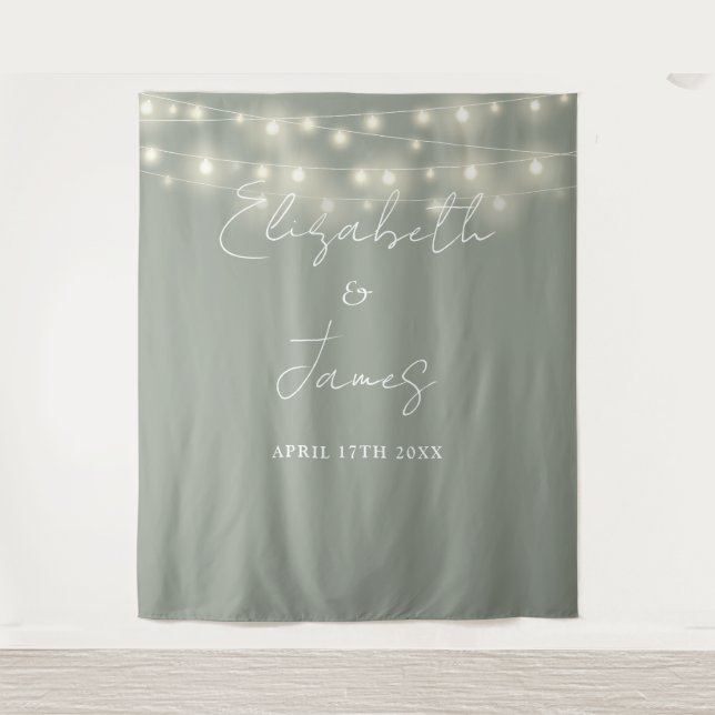 Tapiz Sage Green String Luces Boda Foto Fondo (Anverso)