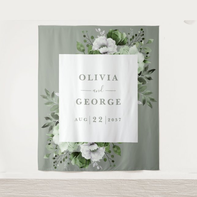 Tapiz Sage Green Watercolor Floral Photo Booth (Anverso)