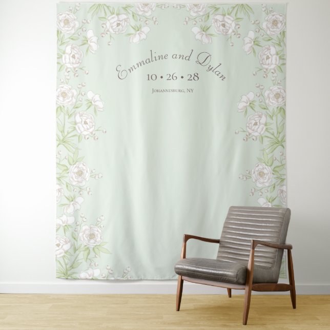 Tapiz Sage Green White Rose Wedding Photo Backdrop (In situ)