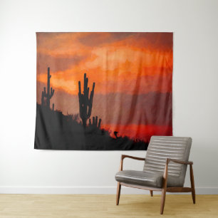 Tapiz Saguaro Cactus Silhouette Arizona Red Sunset