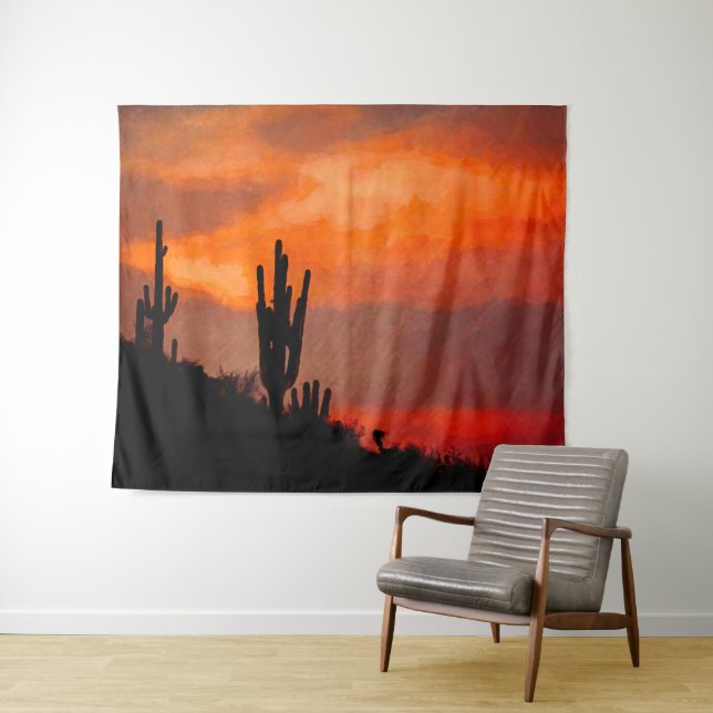 Tapiz Saguaro Cactus Silhouette Arizona Red Sunset (In situ (horizontal))