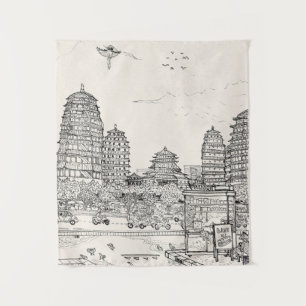 Tapiz Saigon Pagoda Vietnam Cityscape Tinta Dibujo