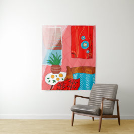 Tapiz Sala roja inspirada en Matisse con Naranjas y aloe
